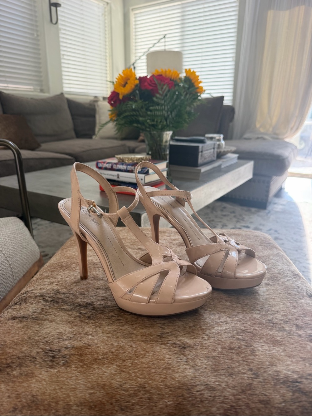 Gianni Bini Patent Nude Peep-Toe T-Strap High Heels